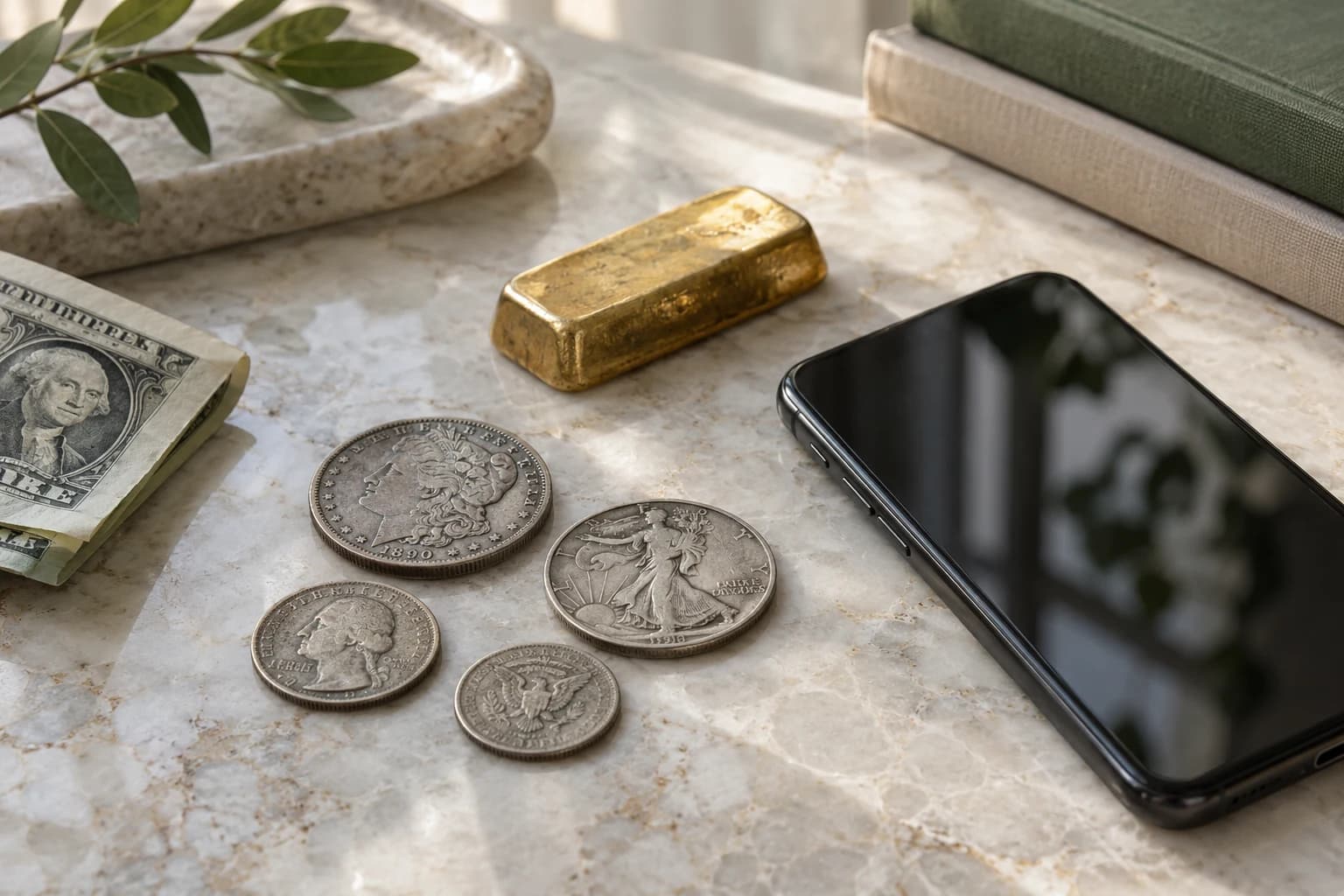 Ilustración editorial generada con IA: monedas de plata, parte de un billete, lingote de oro y teléfono. No es una foto de piezas de museo.