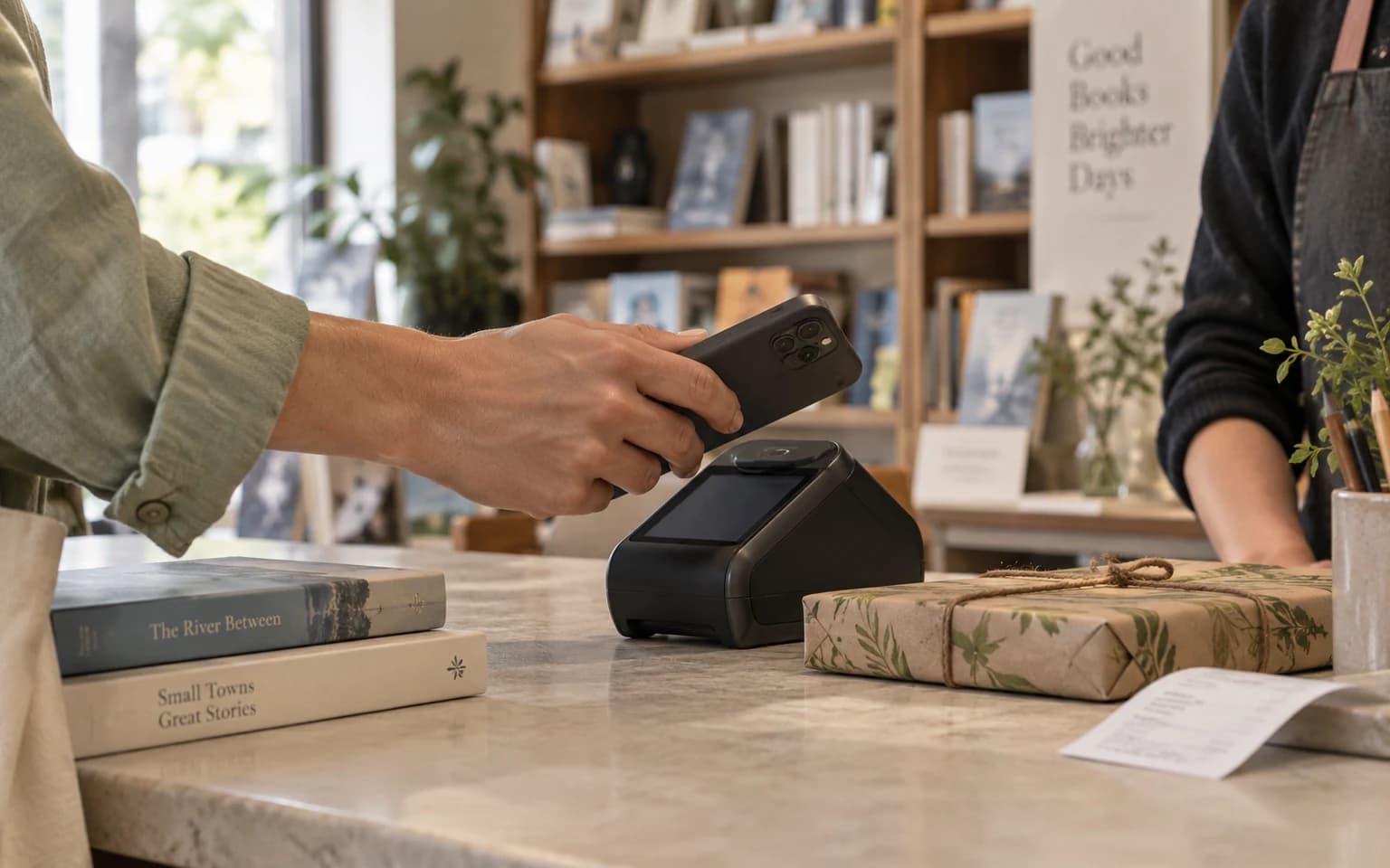 Ilustración generada por IA de un pago con teléfono en una librería.