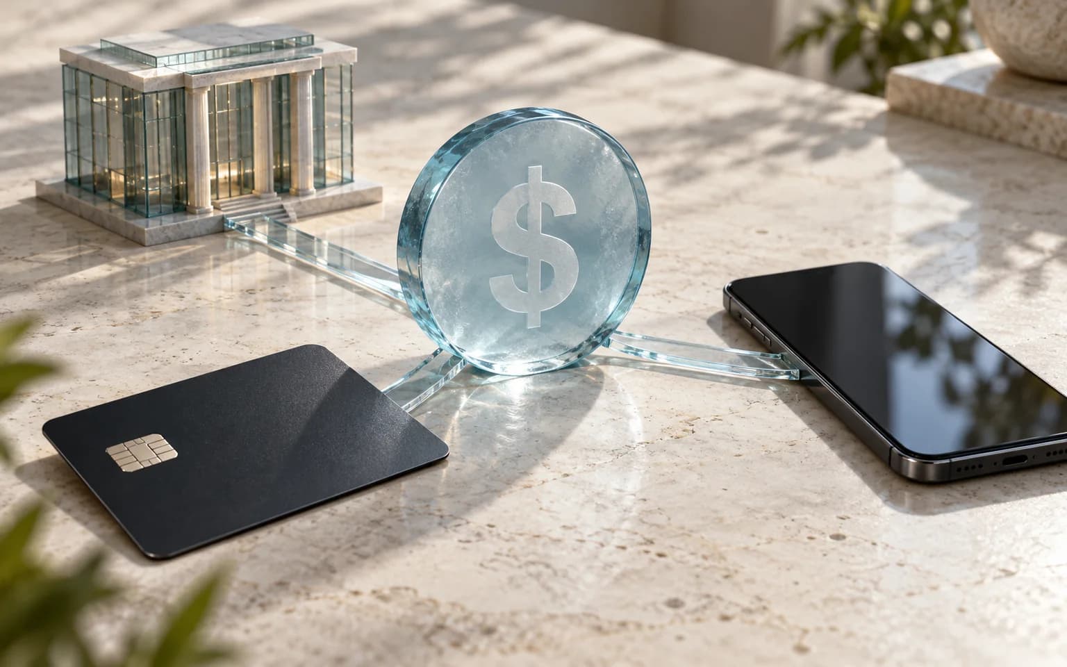 AI-generated illustration of a glass dollar connecting a model bank, a payment card and a phone.