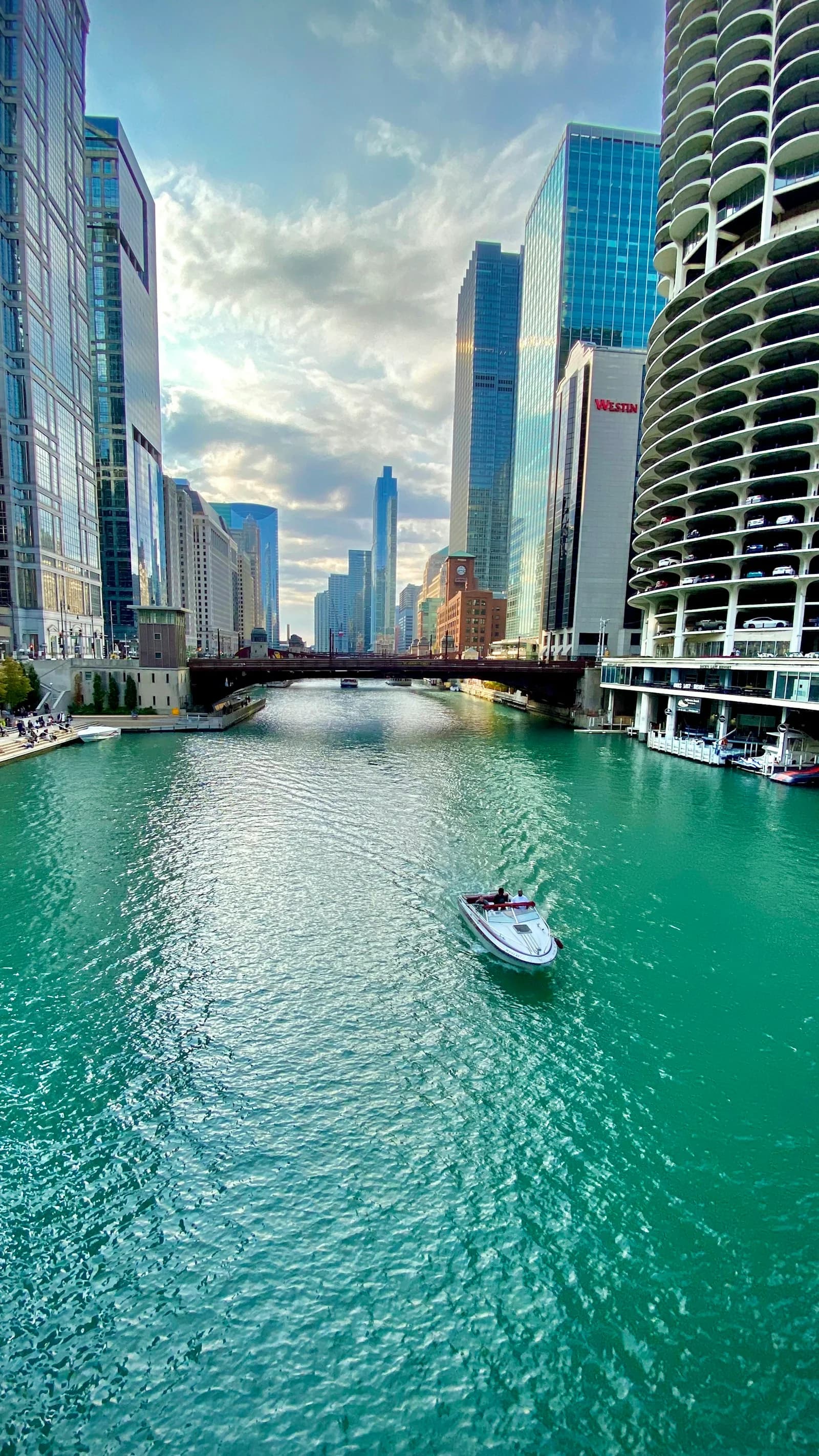 Un barco pasa junto a los edificios del río Chicago